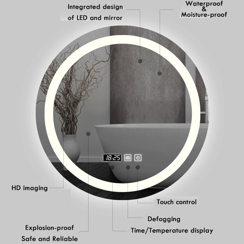 50CM/60cm Round Smart Makeup Bathroom Mirror 3 Color Adjustable LED LIght Multi-Function With Demist Bluetooth Speaker
