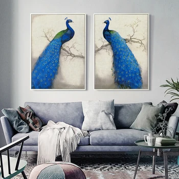 

Retro Style Elegant Poetry Blue Peacock Standing On The Tree Canvas Art Painting Print Poster Picture Wall Home Decor