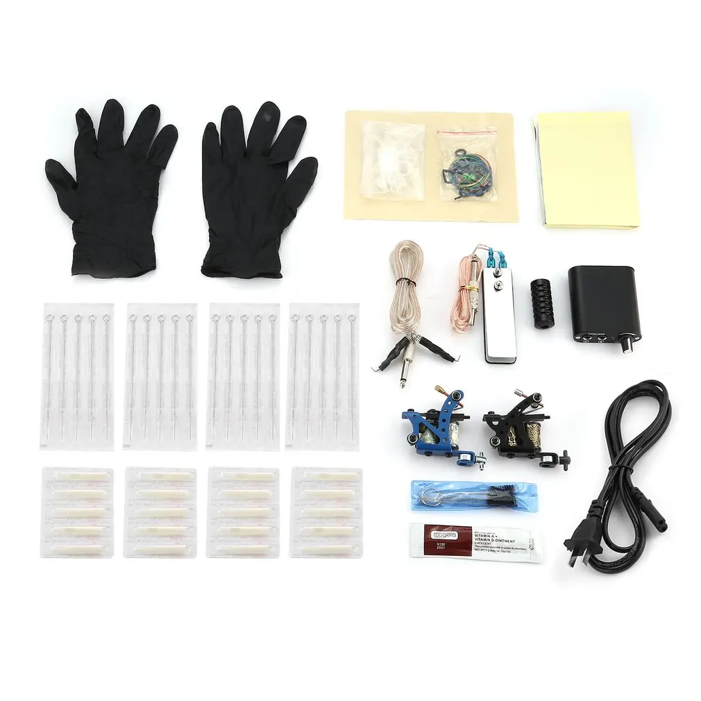 

Tattoo Complete Beginner Tattoo Kit 2 Pro Machine Inks Power Supply Needle Grips Tips Tatto Accessories Basic Set