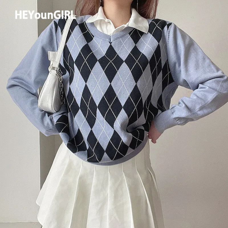 HEYounGIRL Casual Loose Autumn Winter Knitted Sweater Women Argyle Long Sleeve Jumper Ladies Preppy Style Pullover Knitwear | Женская