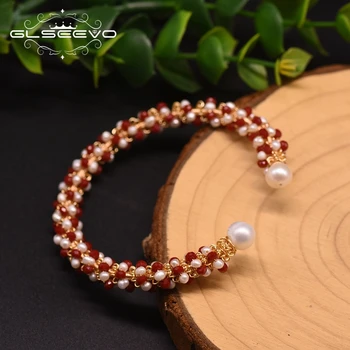 

GLSEEVO Luxury Natural Pearl Red Crystal Charm Adjustable Love Bangle Baby Wedding Party Gift For Women Handmade Jewelry GB0919A