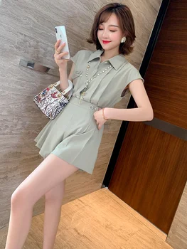 

Trendy Lapel Shoulder Sleeve Pocket Shirt + High Waist A- Shaped Shorts Suit Women's Fashion Summer New Style