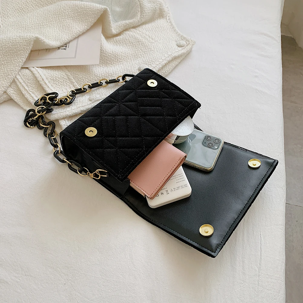 Hd421fb6da0d74a5585cff0fd5c0cf81fj Women Velvet Chain Flap Shoulder Bag Lady Thread Quilted Luxury Lattice Snap Thick ChainTrending Handbag Solid Color Clutch Bags