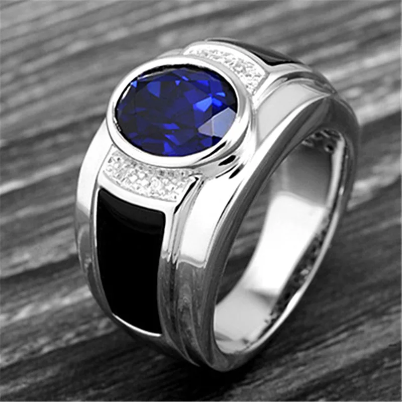 

Luxury Silver Plated Crystal Wedding Ring Cocktail Party Blue Gems Zircon Men Ring Anniversary Jewelry Lover's Gift Accessories