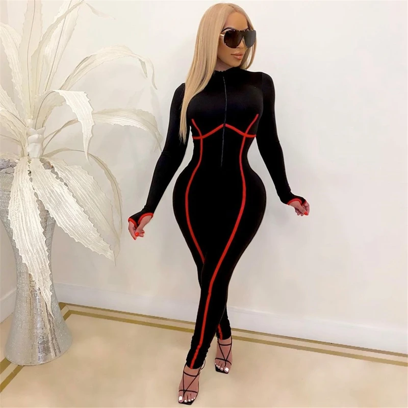 

Autumn Casual Striped Bodycon Jumpsuit Women Long Sleeve Zipper Black Jumpsuit Sportswear Long Rompers Womens Jumpsuit Fitness