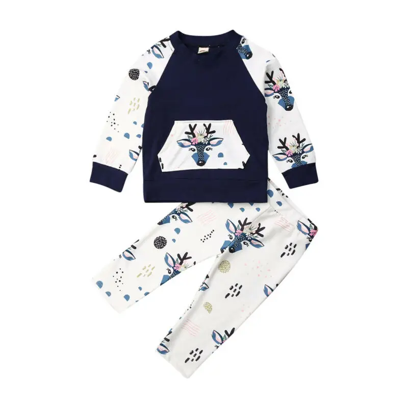 Focusnorm/комплект детской одежды для маленьких мальчиков; свитер с длинными рукавами и карманом оленя; штаны; комплект одежды из 2 предметов; сезон осень-зима
