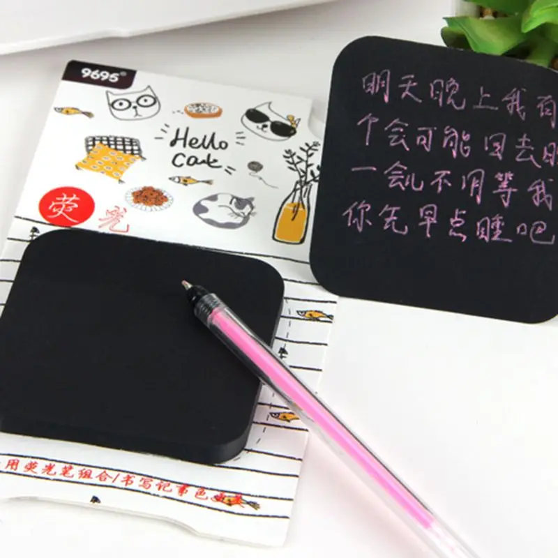 

50 Sheets Black Sticky Notes with Fluorescent Pen Set Creative Office Stationery W91A