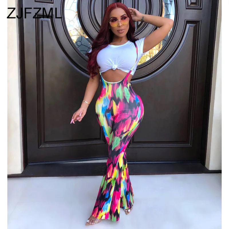

Tie Dyeing Summer Backless Bell Bottom Overall for Women Spaghetti Strap Bandage Party Jumpsuit Causal Bodycon One Piece Romper