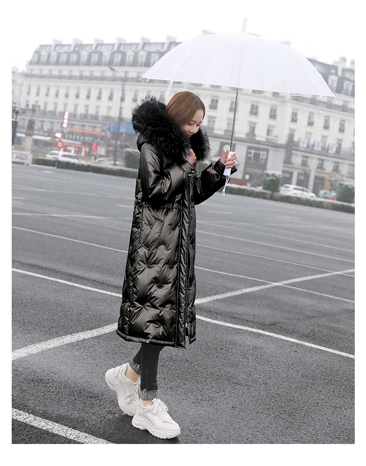 Зимний пуховик, Женская куртка, Корейская свободная парка, пальто, сохраняющее тепло, длинный большой меховой воротник, глянцевый белый утиный пух, женская одежда - Цвет: black faux