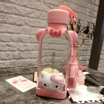 

350ml Cartoon Hello Kitty Flat Water Bottle Cartoon Glass Bottle Water Cup Anti-scalding Silicone Sleeve Tea Bottle Eco Friendly