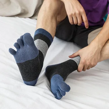 

Fashion Stripe Splice Socks Winter Autumn Warm Comfortable Men High Quality Women's Guy Five Finger Pure Soft Cotton Toe Socks