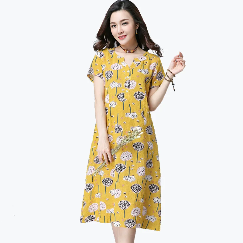 

Cotton Linen WOMEN'S Dress 2019 Summer Dark Cell Thick Pattern Print Loose-Fit Mid-length Base Skirt Short-sleeve Dress