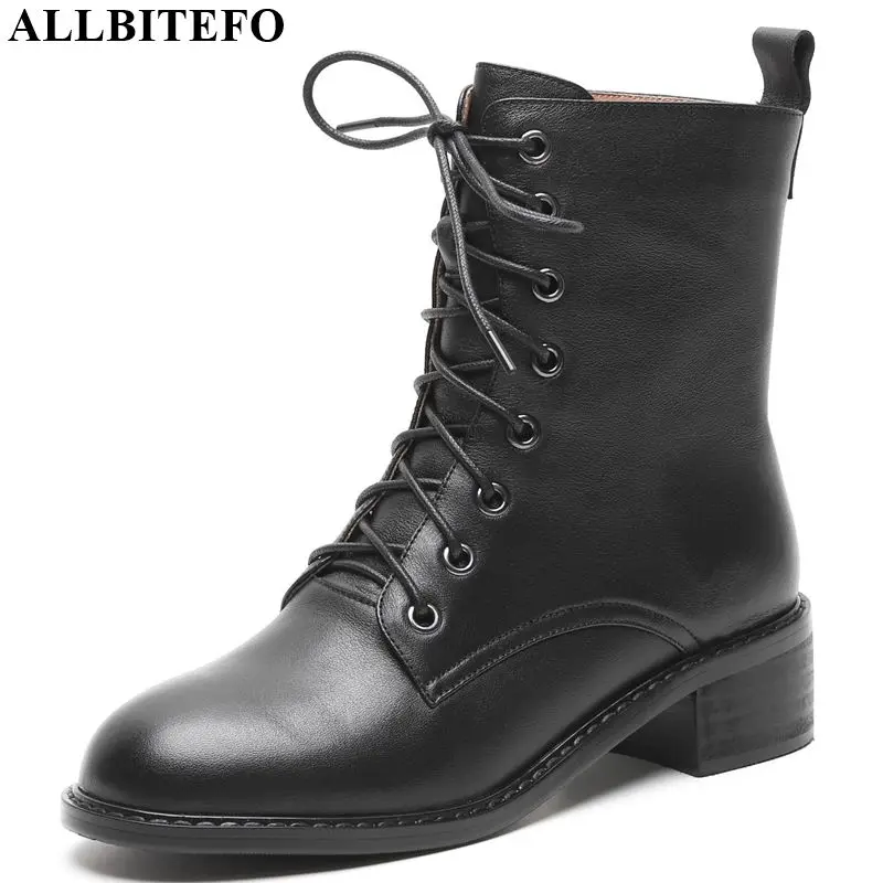 

ALLBITEFO real genuine leather women boots fashion ankle boots comfortable Round toe Autumn Winter simple style Martin boots