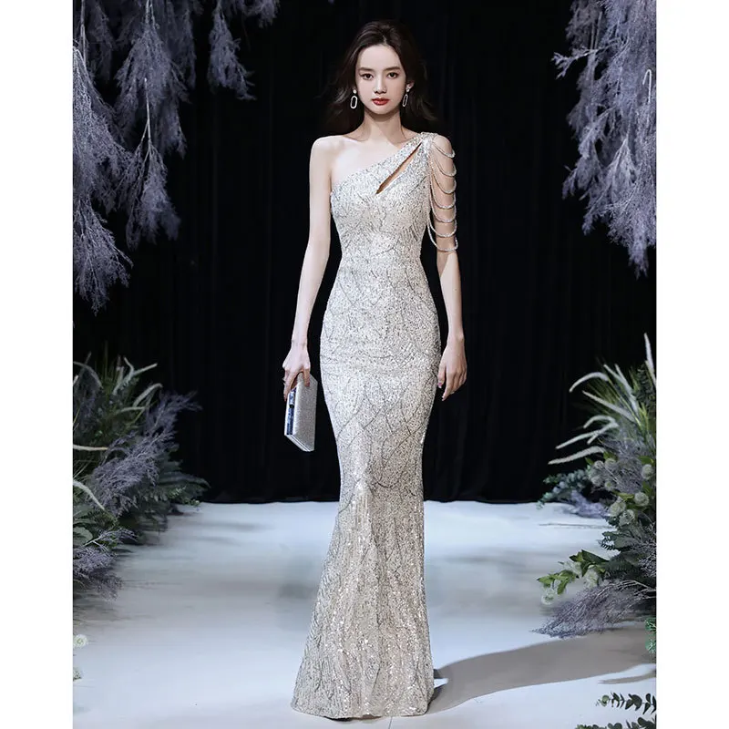 

Sexy One Shoulder Beads Silver Sequins Mermaid Student Evening Dress Women Formal Gowns Robe De Soiree Cheongsam 3XL