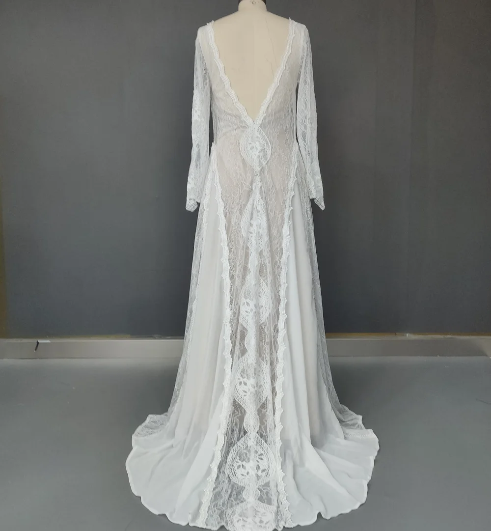 wedding gown Factory Price 100 % Real Sample Photo Long Sleeve Backless O-Neck Lace Boho Bohemian  Beach Wedding Dress Bridal Gown wedding gown