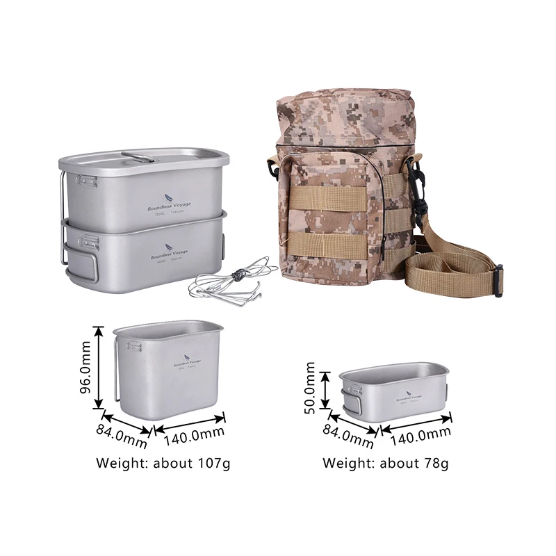 Boundless Voyage Titanium Military Canteen with Camouflage Bag Large Capacity Kidney-Shaped Camping Pot Pan Set with Lid & Hanging Chain 