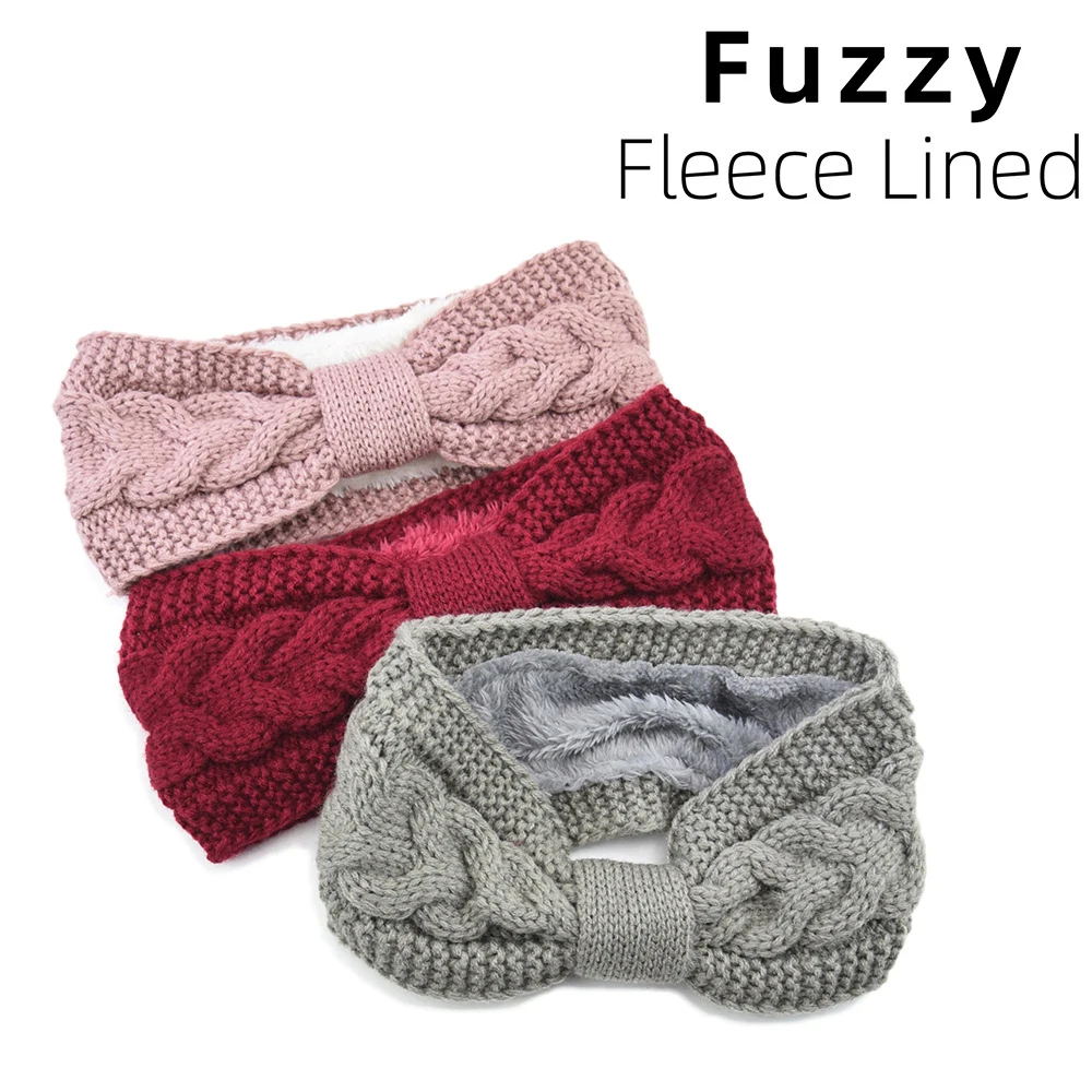 

Зимняя теплая плюшевая вязаная повязка на голову для женщин ручной работы однотонная эластичная пушистая флисовая подкладка Тюрбан повязка аксессуары для волос