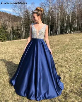 

Sparkly Navy Blue Prom Dresses Sequins Beaded Deep V-Neck Backless A-Line Arabic Celebrity Evening Party Gowns Customized Robes