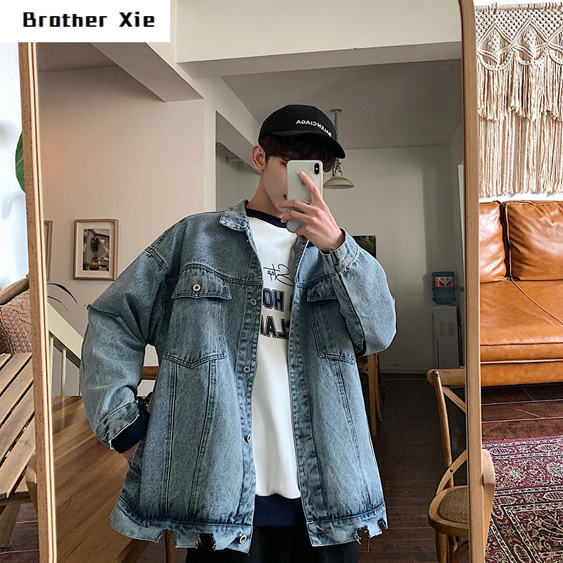 

Autumn New Denim Jacket Men Fashion Washed Solid Color Casual Hole Denim Jacket Man Streetwear Wild Hip Hop Loose Bomber Jacket