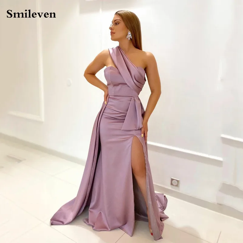 

Smileven Dirty Pink Evening Dresses One Shoulder Prom Gowns A Line Saudi Arabia Evening Party Dress Side Split Robe De Soiree