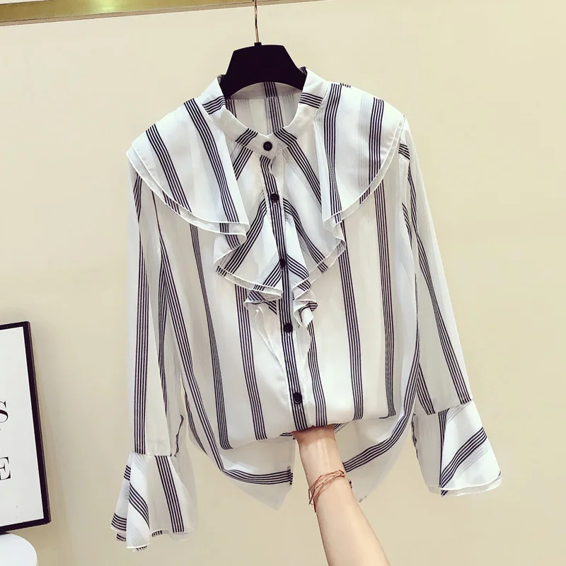 

Blusas Mujer De Moda 2020 Autumn New Korean Style Loose Temperament Ruffled Striped Chiffon Shirt Women's Clothes Blouse Blusas