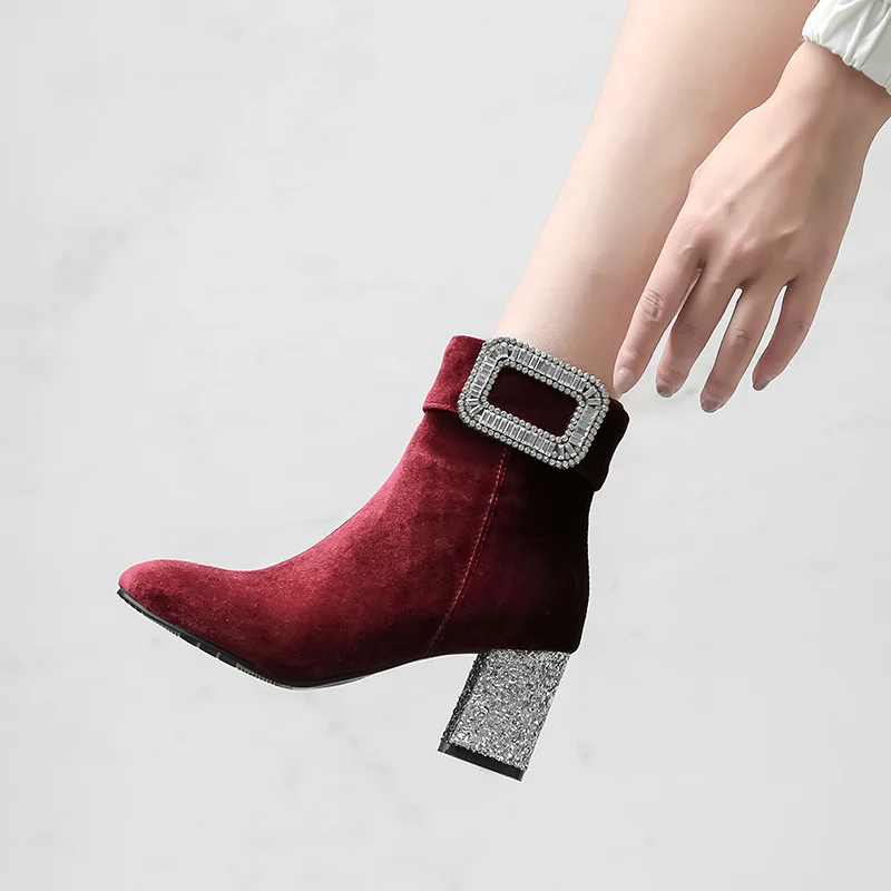 

European And American-Style Women's Pointed-Toe Autumn And Winter Chelsea Short Boots Square Buckle Thick with High Heels Plus-s