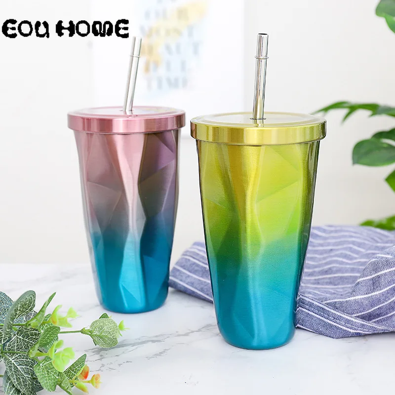 550ml Gradient Color Thermos Mug Irregular Coffee Cup with Lid Stainless Steel Vacuum Flask Creative Straw Thermal Bottle | Дом и сад