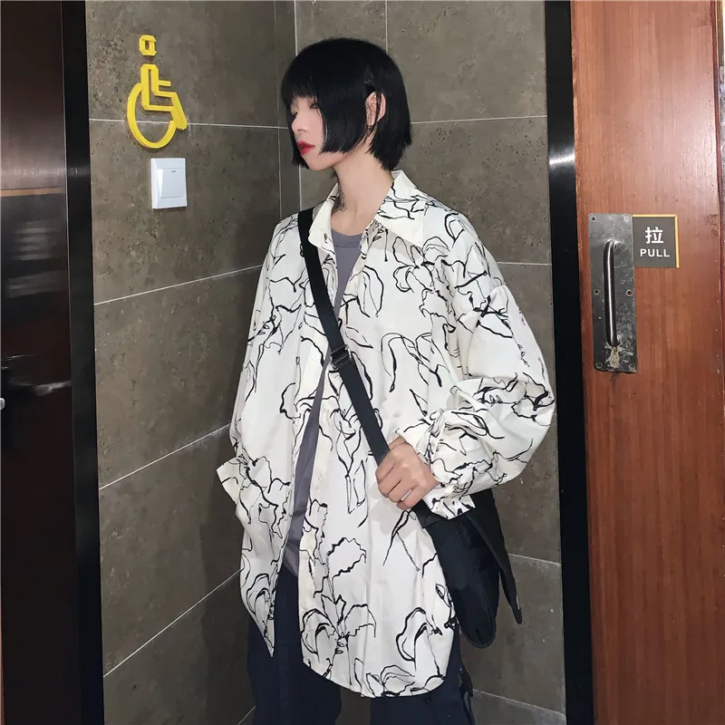 Lychee Harajuku, темная полоска, женская блузка, рубашка, весна, полный принт, длинный рукав, женские блузки, большие пуговицы, женские Рубашки, Топы