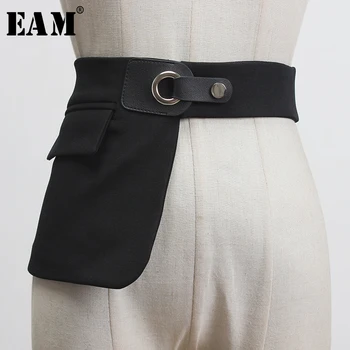 

[EAM] Black Pocket Split Joint Irregular Buckle Split Wide Belt Personality Women New Fashion Tide All-match Spring 2020 1X061
