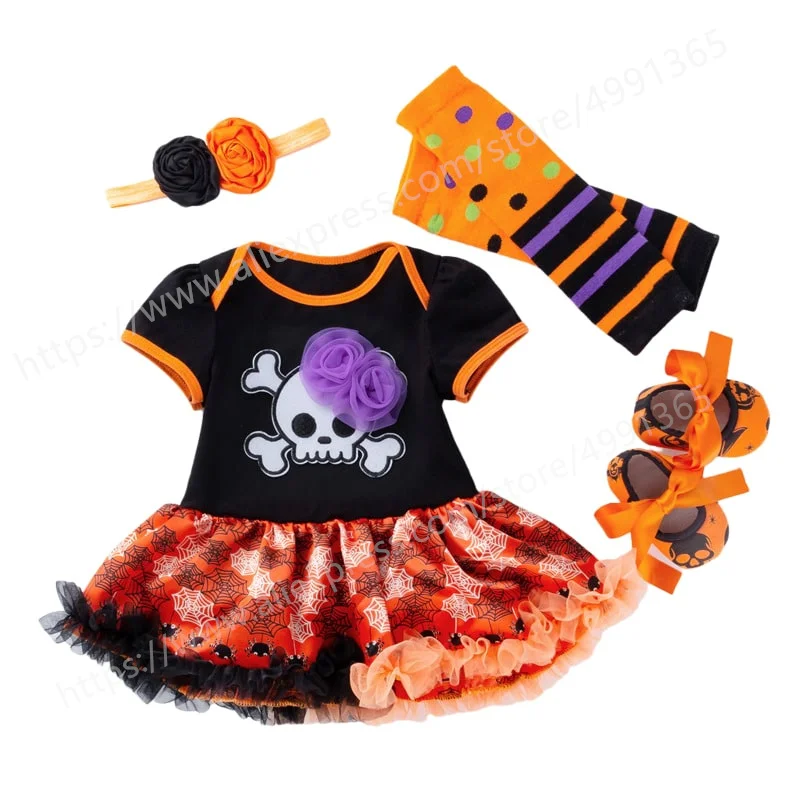 

Halloween Kids Newborn Baby Girls Dresses Outfit Short Sleeve Pumpkin Romper Bodysuit Tutu Skirt Dress Clothes with Shoes