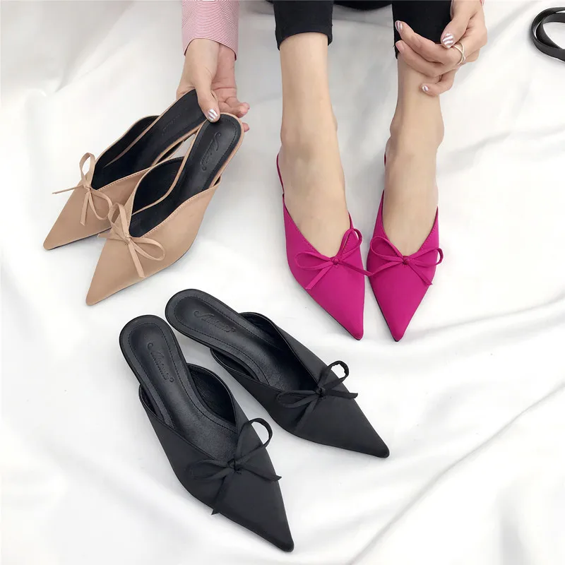 

Summer Cat with a Water Celebrity Style Rose Red Satin Surface Bow Pointed-Toe V Mouth ban tuo xie Muller Sandals Women's