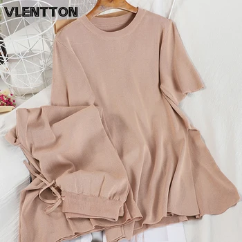 

2020 Autumn Winter Women Knitted Tracksuit 2 Piece Sets Solid Pullover Tops+Wide Leg Pants Suit Casual Trousers Female Outfits