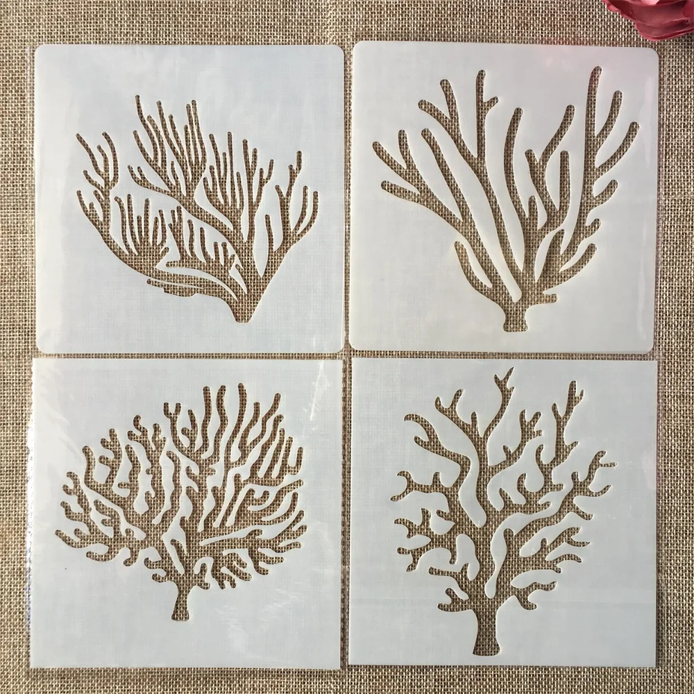 4Pcs/Set 13cm Ocean Sea Coral DIY Layering Stencils Painting Scrapbook Coloring Embossing Album Decorative Template