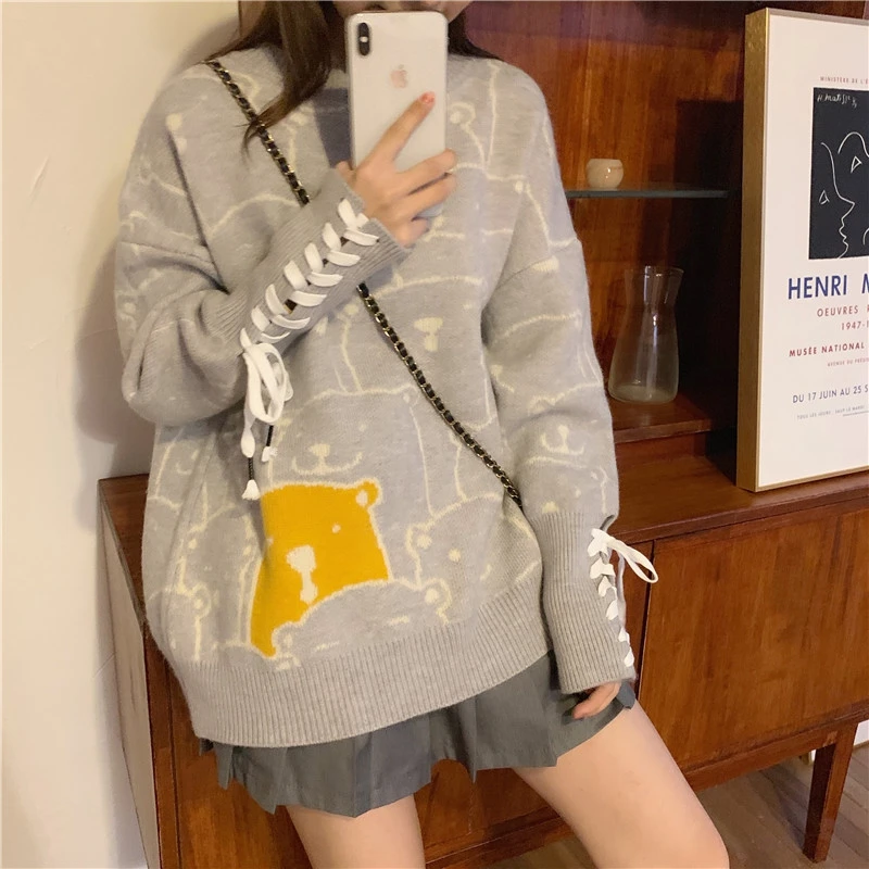 

Sweet Bear Print Knitted Sweater Women Chic Lace-up Cuff Long Sleeve Pullover Autumn Winter Japanese Korean Loose Knitwear Tops