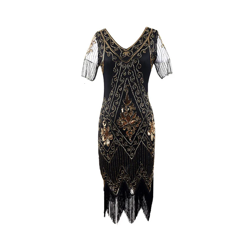 1920s Sequin Paisley Pattern Short Sleeve Racer Back Red Flapper Black Gold Dress Women's Sexy Fringe Great Gatsby Party Dresses (3)