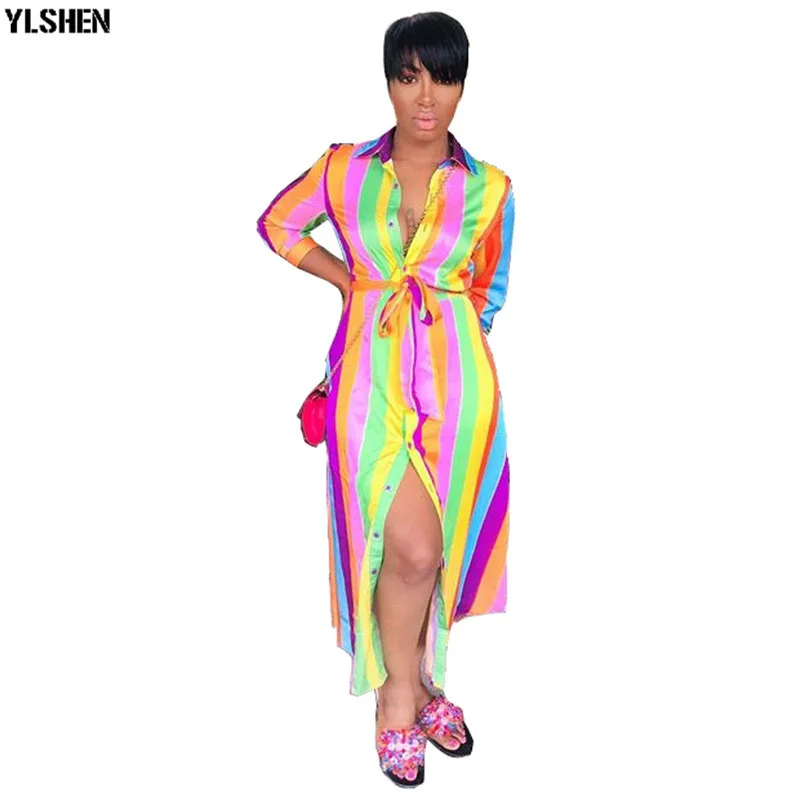 African Shirt Dresses Clothes for Women Clothing 2019 New Style Fashion Rainbow Stripe Long Sleeve Dashiki Africa Dress Robe 02