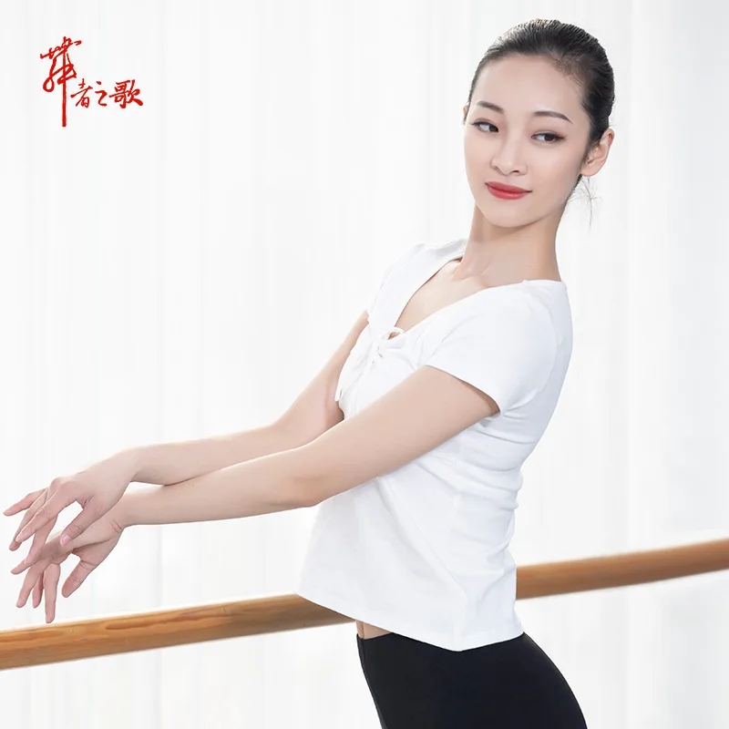 Dancing Dress Short Sleeve Modern Leotards Adult Female Ballet V-neck Chest Bow T-shirt Dance Tops