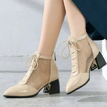 

2020 summer spring hallow cut out air mesh net woman boots chunky high heels white ladies pumps martin ankle boots big size 50