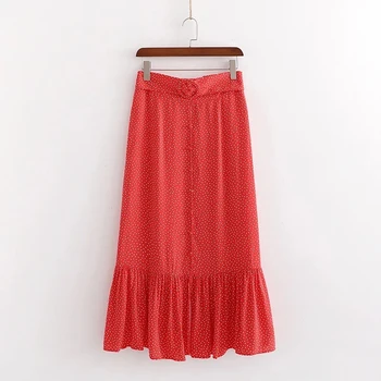 

summer women vintage polka dot print high waist long skirts female 2020 a-line red skirts with belt chic lady skirt jupe femme