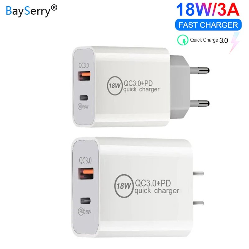 BaySerry USB зарядное устройство 18 Вт EU US вилка PD + QC 3 0 быстрое два порта питания AC