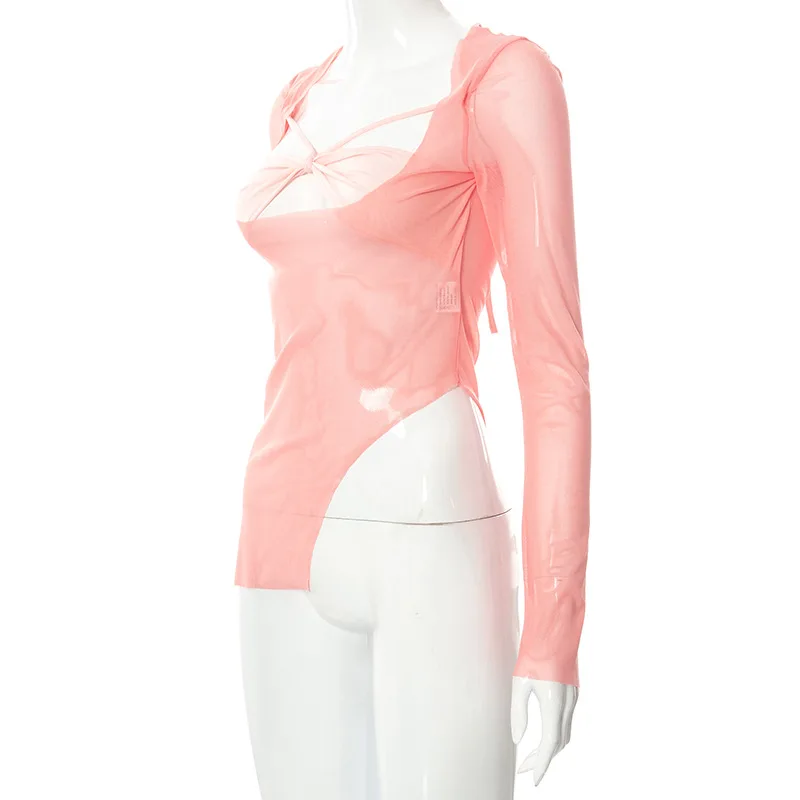 Goth Dark Y2k Punk Mesh See Through T-shirts Women Cyber Sexy Summer Halter Tops Lace Up Techwear Black Patchwork Split Clothes