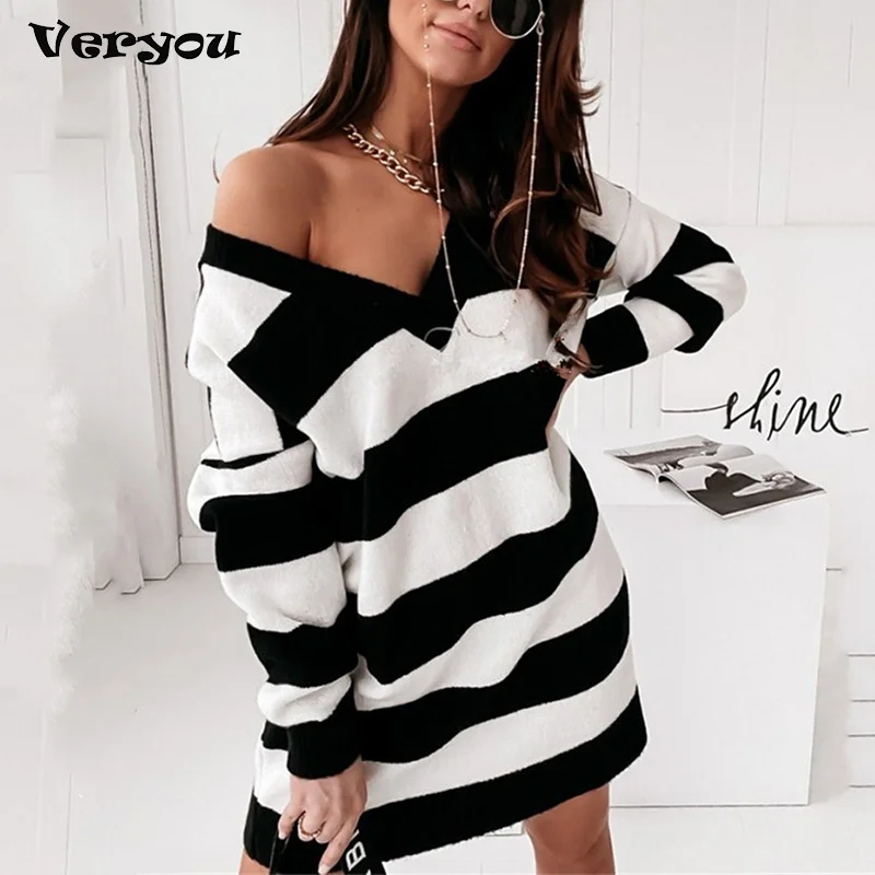 

Women Knitted Sweater Dress Stripe Print Fashion Sexy V-neck Loose Pullovers Ladies Autumn Mid-length Sweaters Korean Streetwear