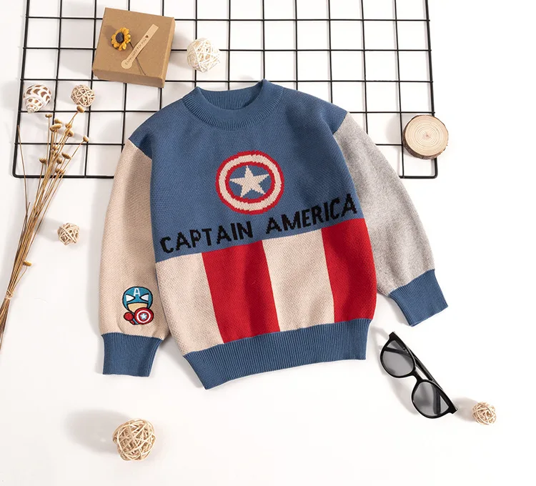 Captain America Американский капитан Бэтмен Супермен Детский свитер с героями мультфильмов Корейская версия модной детской одежды свитер цветная хлопковая пряжа - Цвет: Captain America