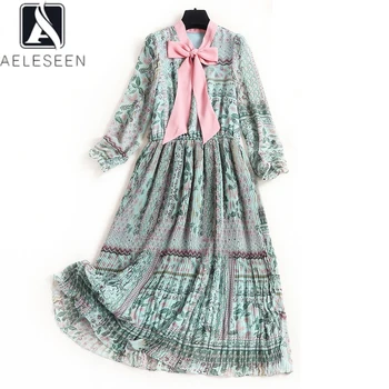 

AELESEEN Runway Fashion Chiffon Dress 2020 Designer Summer Spring Dress Women Floral Print Green Pleated Party Midi Dress