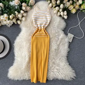 

Teeuiear Vintage 2020 Slim Summer Striped Print Knitted Midi Dress Bodycon Women sexy Spaghetti Strap Party Knee Length Dress