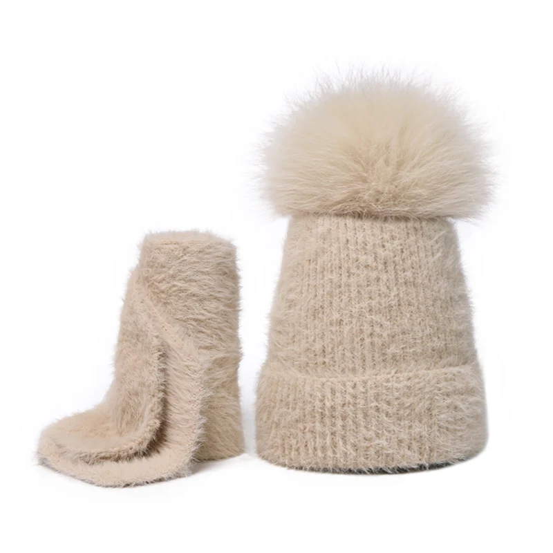 Scarf Set Real Fur Pom Pom Hat Children Winter Female Warm Wool Nature Fur Crochet Beanie Knitted Soft Solid Elasticity - Цвет: B