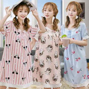 

Women Summer Artificial Cotton Nightdress Cute Cartoon Large Size Home Service Pregnant Women Nightdress 100% Cotton Nightdress