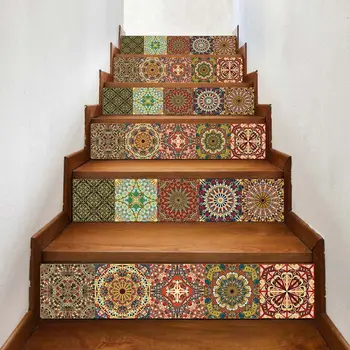 

6pcs/set 3D Colorful Mandala Staircase Stair Riser Floor Sticker Self Adhesive DIY Stairway Waterproof PVC Wall Decal Home Decor