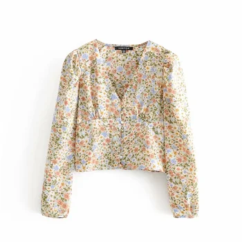 

2020 summer women's new printed bag buckle V-neck long-sleeved wild commuter single-breasted stitching short shirt
