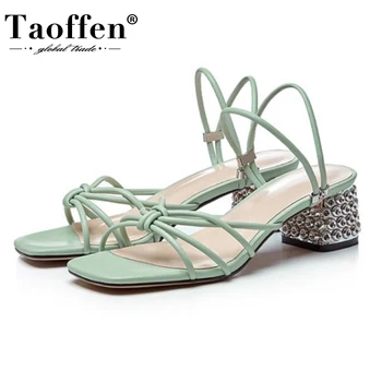 

Taoffen Summer Women Sandals Shoes Fashion Real Genuine Leather Shoes Women Special Square Heels Slip On Footwear Size 34-39